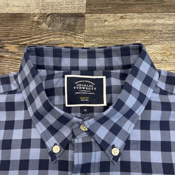 Charles Tyrwhitt Blue Mens 2XL Gingham Check Plaid Slim Fit Button Down Shirt - Picture 3 of 11